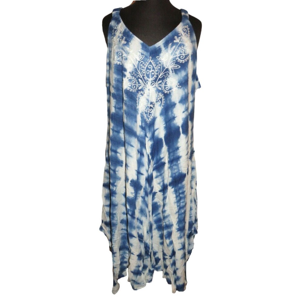 Studio West Blue Tie Dye Embroidered Woven Flowy Boho Midi Dress Plus Size 4X